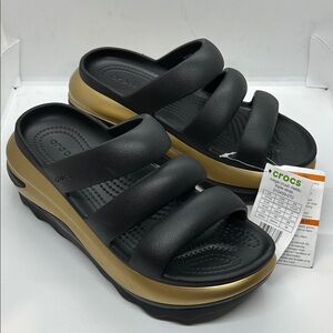 Crocs Mega Crush Metallic Black/Gold Triple Strap Sandal Unisex Women 9. Men 7.